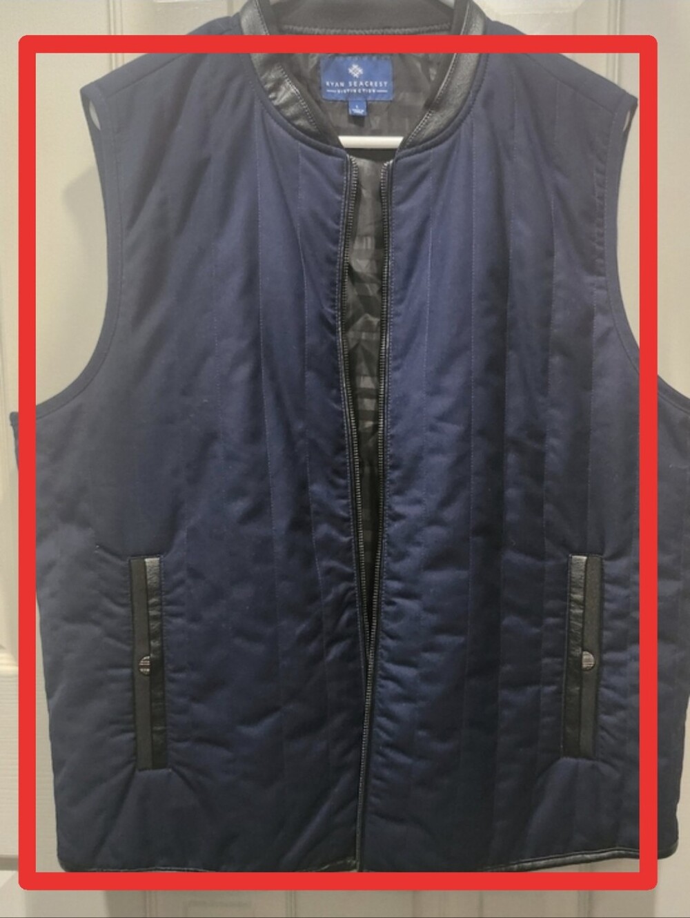 Ryan Seacrest Distinction Quilted Navy Sleeveless Vest with Leather Trim